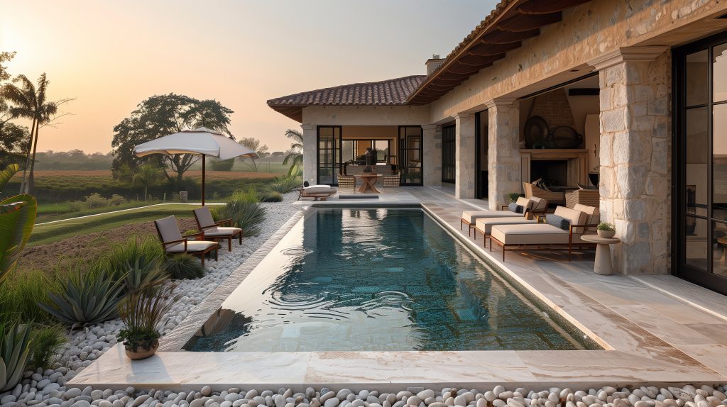 Modern Stone House Pool Deck With White Pebble Patio and Lush Greenery